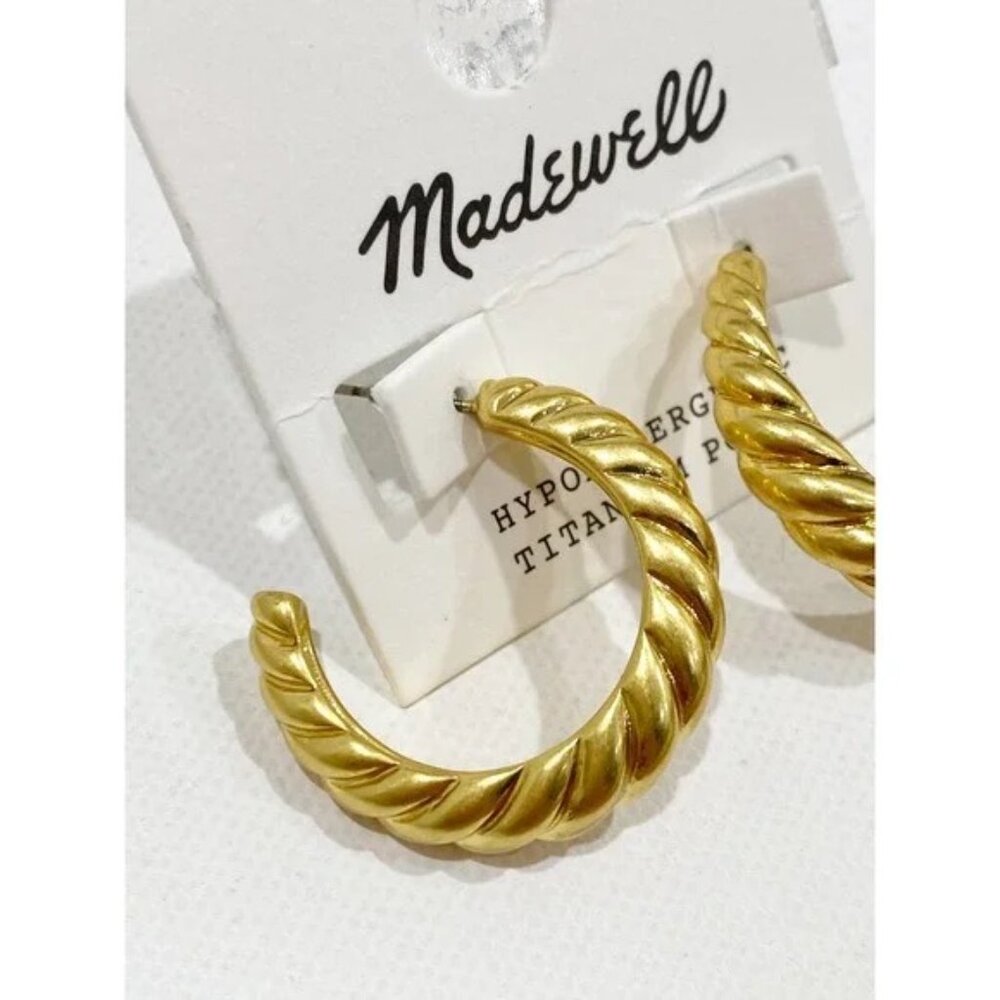 Madewell Puffed Large Hoop Earrings Vintage Gold Shell Chunky Post Back New